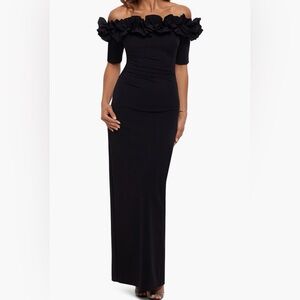 Xscape Evenings Black Ruffle Off The Shoulder Crepe Column Dress